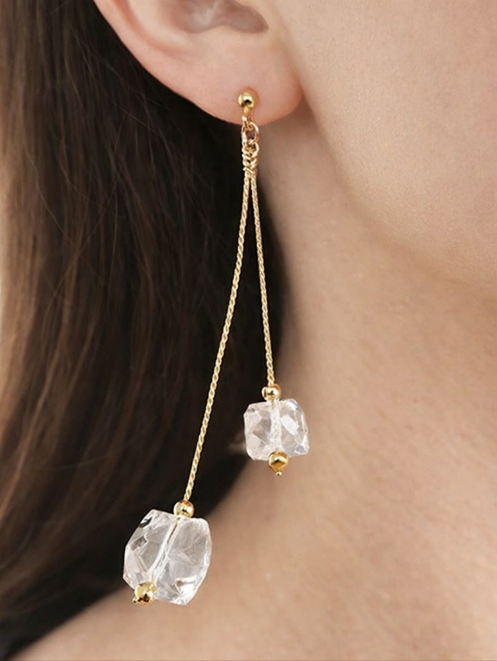 Clear Acrylic Beads Drop Earrings w/ Gold-tone Fringe Chain Dangle Chic Jewelry